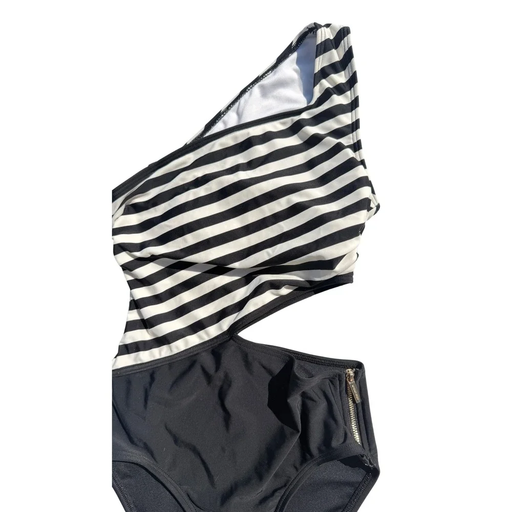 Michael Kors One Shoulder Monokini Striped Cutout Swimsuit Black White Size 4